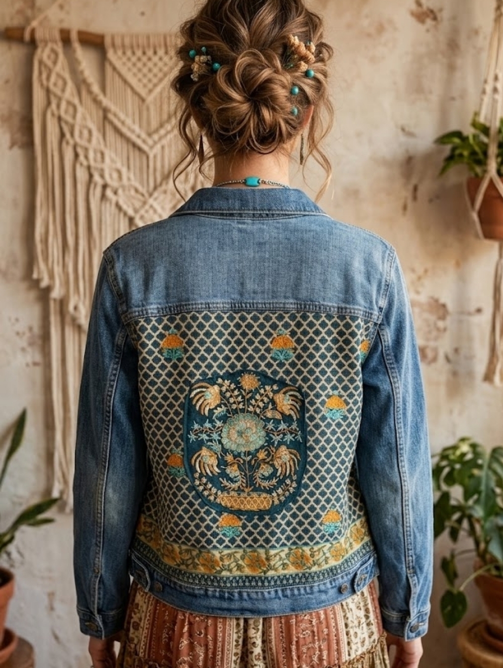 Upcycled Boho Embroidered Jean Jacket Size L